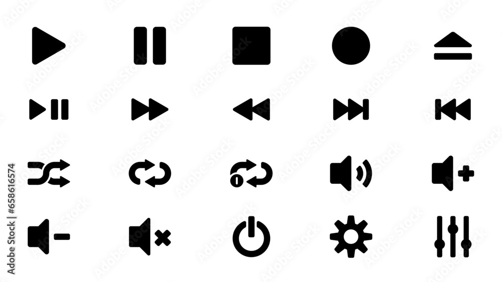 Media, controls, icon, set, play, pause, stop, play/pause toggle, fast forward, fast backward, next track, previous track, record, eject, shuffle, Media, controls, icon, set, play, pause, stop, play/pause toggle, fast forward, fast backward, next track, previous track, record, eject, shuffle,