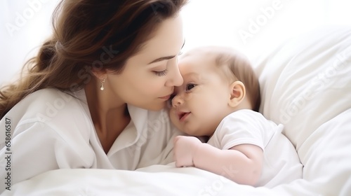 cheerful beautiful young woman holding baby in her hands