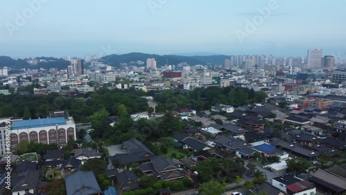 Jeonju Hanok Village from aerial drone view. Korean wooden traditional houses