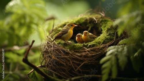 Small, dexterous birds threading leaves and grass through their nest's framework