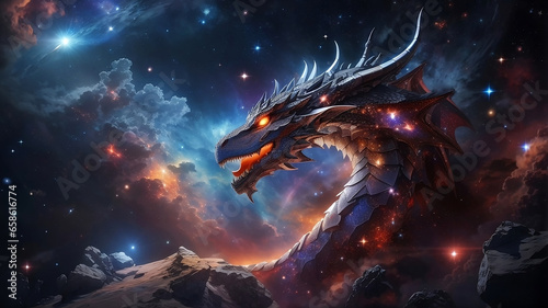 Dragon in space among stars, galaxies and nebulae. Symbol of the New Year 2024
