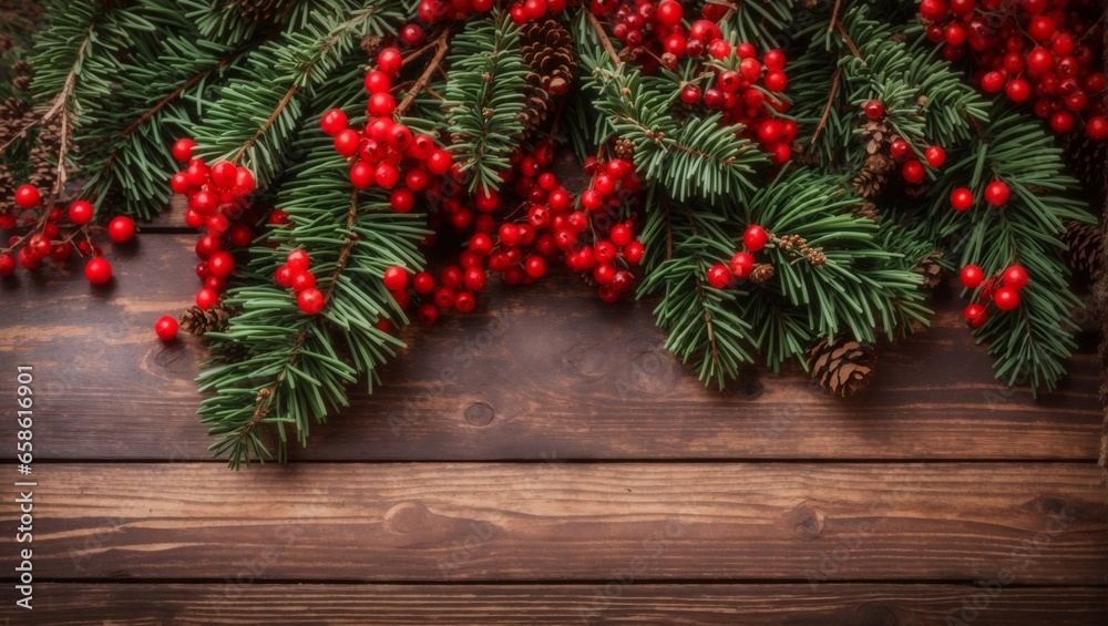 Christmas Holiday Evergreen Pine Branches and Red Berries Over Wood Background Christmas Holiday Evergreen Pine Branches and Red Berries Over Wood Background