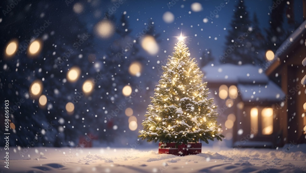 Christmas tree outdoor with snow, lights bokeh around, and snow falling, Christmas atmosphere.

