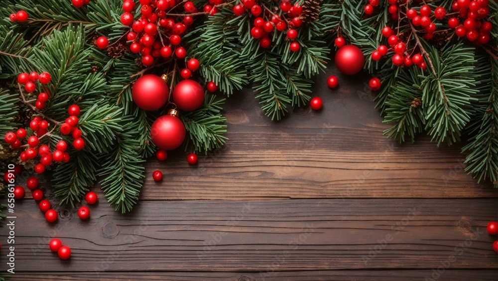 Christmas Holiday Evergreen Pine Branches and Red Berries Over Wood Background Christmas Holiday Evergreen Pine Branches and Red Berries Over Wood Background