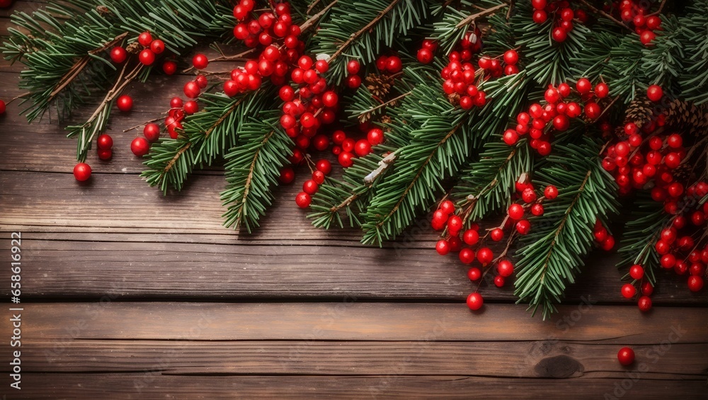 Christmas Holiday Evergreen Pine Branches and Red Berries Over Wood Background Christmas Holiday Evergreen Pine Branches and Red Berries Over Wood Background