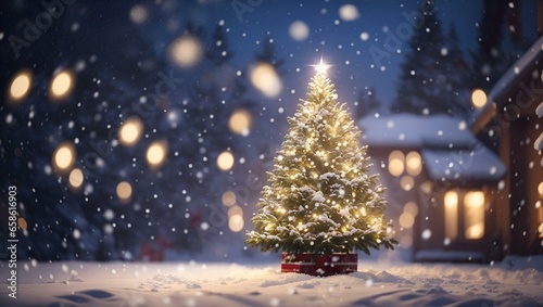 Christmas tree outdoor with snow, lights bokeh around, and snow falling, Christmas atmosphere.