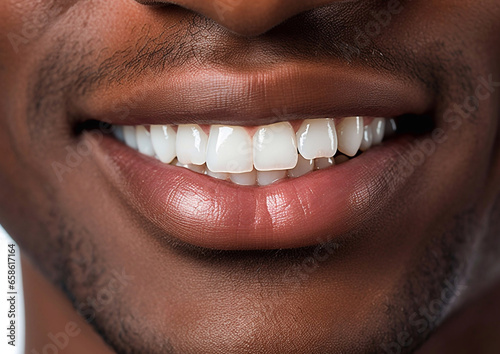 Dark skin young man close up detail healthy white teeth.Macro.AI Generative