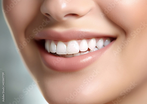 Close up woman smile with detail healthy white teeth.Macro.AI Generative