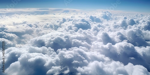 Aerial view of clouds and sky on sunny day from airplane window.Wide angle.AI Generative