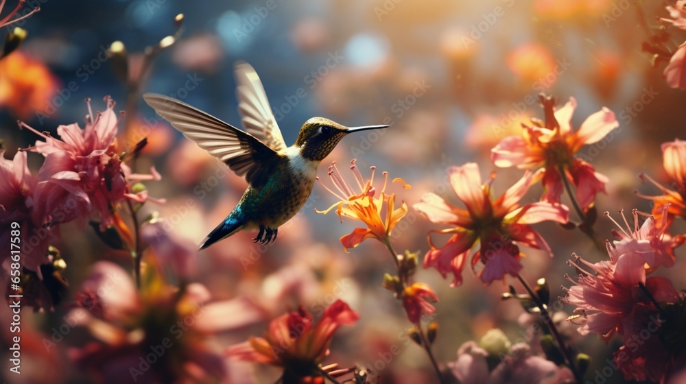 Fototapeta premium Tiny aerial entities partake in nectar-gathering amidst flowers