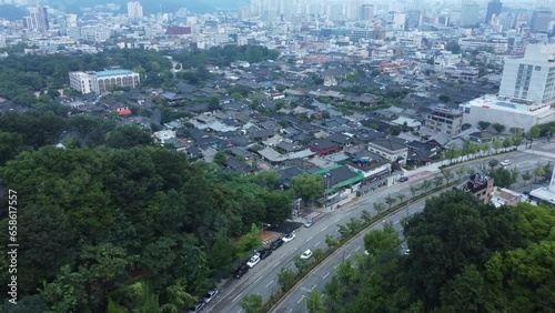 Jeonju Hanok Village from aerial drone view. Korean wooden traditional houses