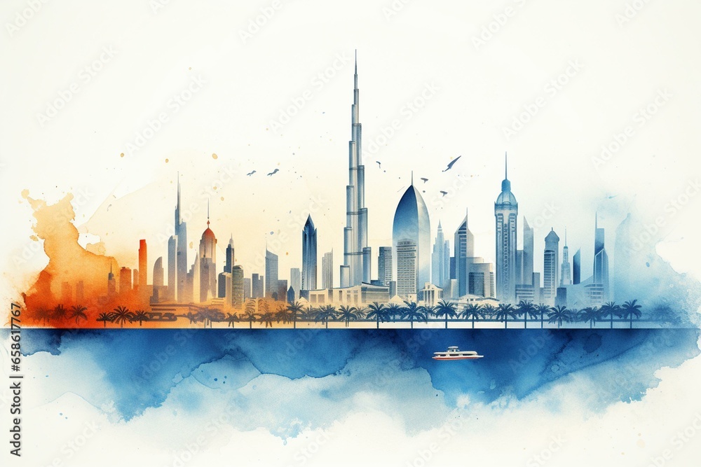 Dubai landmarks in watercolor silhouette. Generative AI