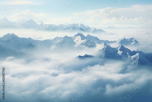 Aerial perspective of mountains enveloped in clouds. Generative AI