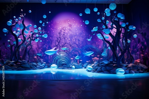 An artistic backdrop featuring vibrant blue and purple illuminations. Generative AI