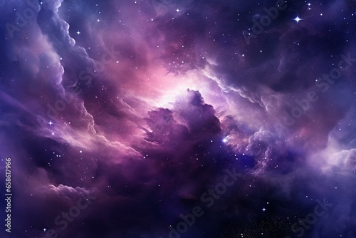 Illustration of a violet cosmic nebula with shining stars. Generative AI