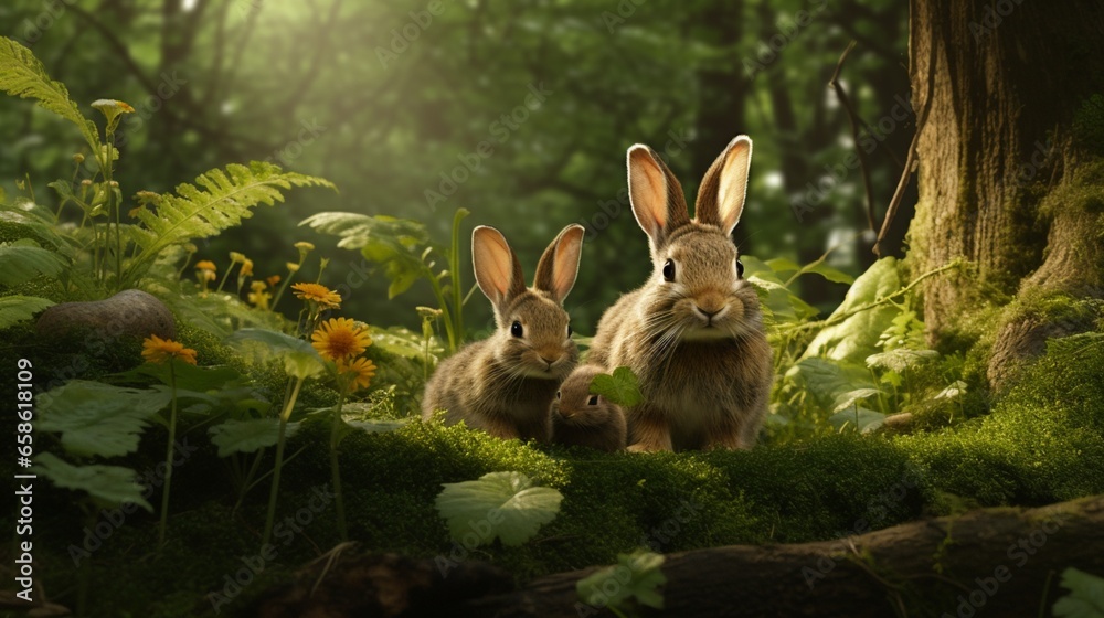 woodland glade with a family of rabbits nibbling on lush grass - obrazy, fototapety, plakaty 