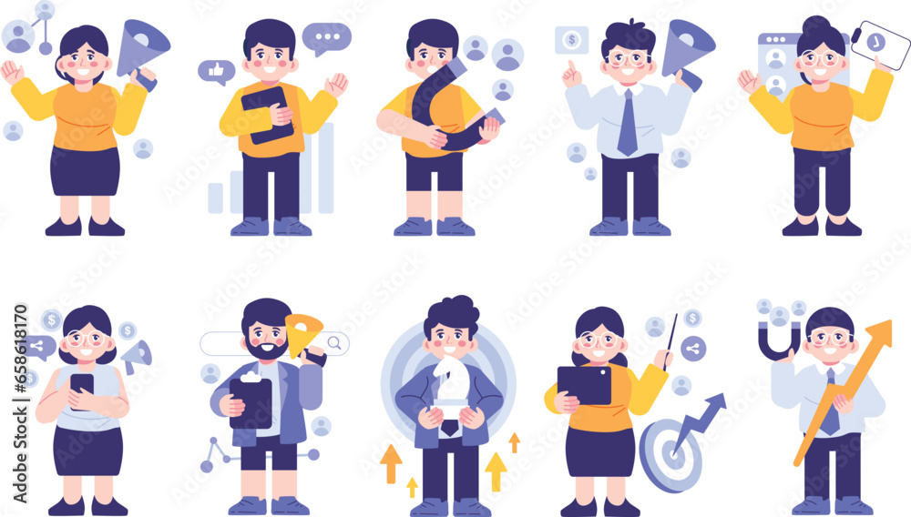 Vector Cartoon Employee Manage Business Social Media Digital Marketing and Development Strategy Set