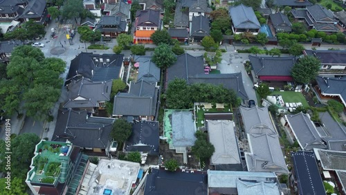 Jeonju Hanok Village from aerial drone view. Korean wooden traditional houses