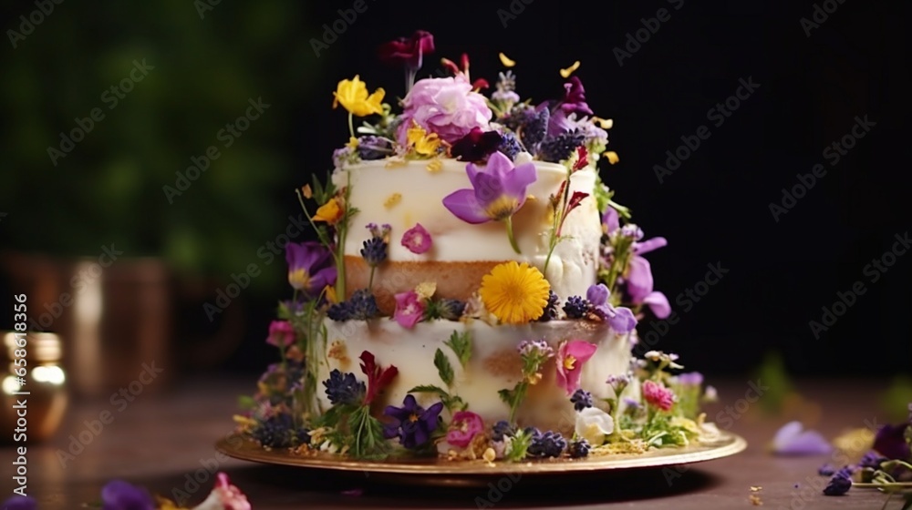 a birthday cake covered in edible flowers and herbs. 