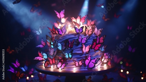 a birthday cake covered in edible, glowing butterflies. 