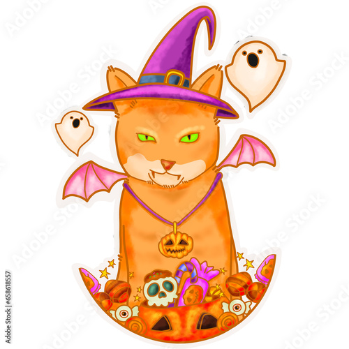 Cartoon orange cat on Halloween.