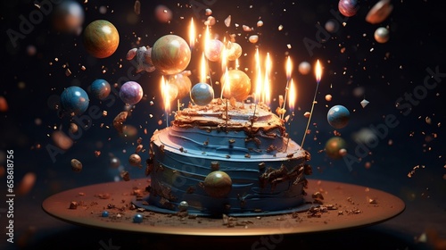 a birthday cake that appears to be floating in outer space. 