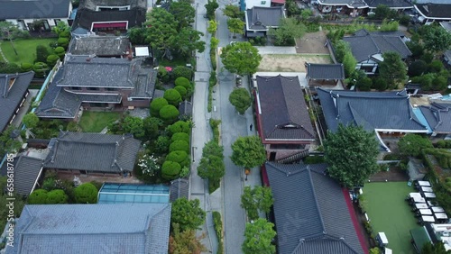 Jeonju Hanok Village from aerial drone view. Korean wooden traditional houses