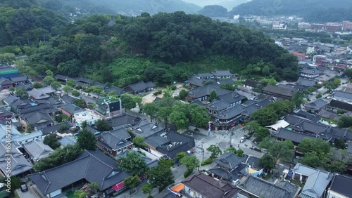 Jeonju Hanok Village from aerial drone view. Korean wooden traditional houses