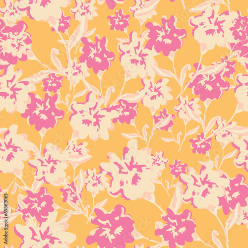 Abstract floral seamless pattern. Bright colors  gouache painting. Outline contour lines forming stylized blooming daisy flowers. Curved lines and brush strokes.
