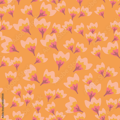 Abstract floral seamless pattern. Bright colors, gouache painting. Outline contour lines forming stylized flower petal with stem. Curved lines and brush strokes.