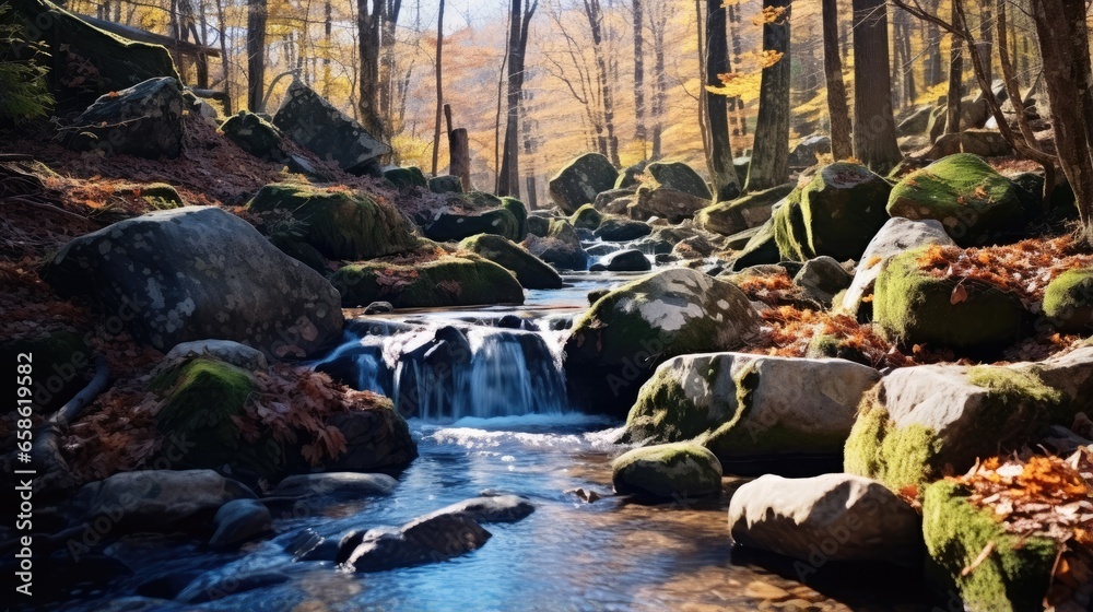 Fototapeta premium Mountains. Falling water. Beautiful stream in the autumn forest. the sun shines
