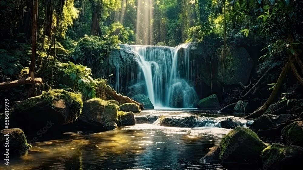 Mountains. Falling water. Beautiful stream in the autumn forest. the sun shines