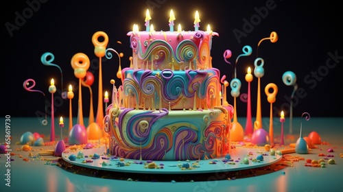 a birthday cake with a psychedelic, trippy color scheme. 