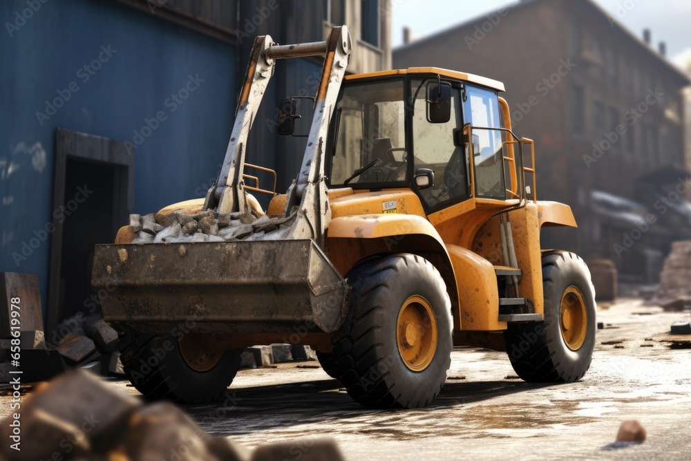 A construction vehicle parked in front of a building. This image can be used to showcase construction projects or as an illustration for architecture and urban development articles. A construction vehicle parked in front of a building. This image can be used to showcase construction projects or as an illustration for architecture and urban development articles.