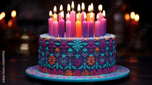 a birthday cake with a vibrant  kaleidoscopic color scheme. 