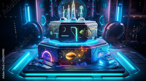 a sci-fi themed birthday cake featuring holographic decorations. 