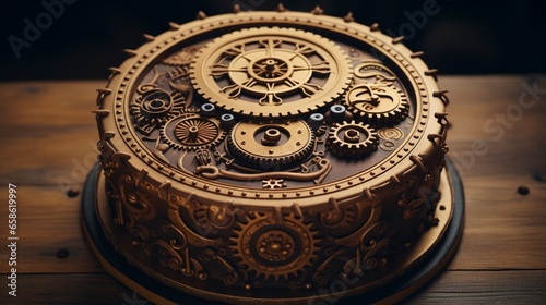 a steampunk-inspired birthday cake adorned with gears and cogs. 