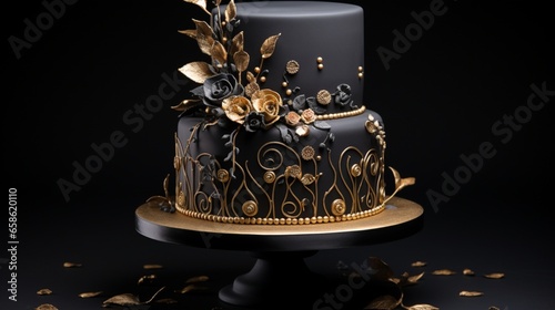 an elegant, black and gold-themed birthday cake with intricate details. 