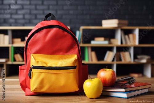 Educational Bounty Apples and Books Combine in Classroom Backpack Crafted with Generative AI