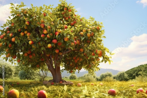A tree full of ripe apples in a scenic field. Perfect for illustrating the concept of abundance and harvest. Ideal for use in food and agriculture-related projects.