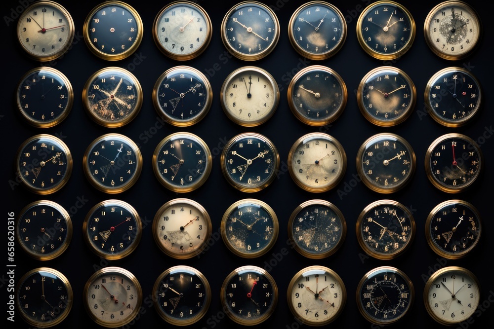 A collection of clocks placed on a table. This image can be used to depict the concept of time management or to illustrate the passing of time in various scenarios. A collection of clocks placed on a table. This image can be used to depict the concept of time management or to illustrate the passing of time in various scenarios.