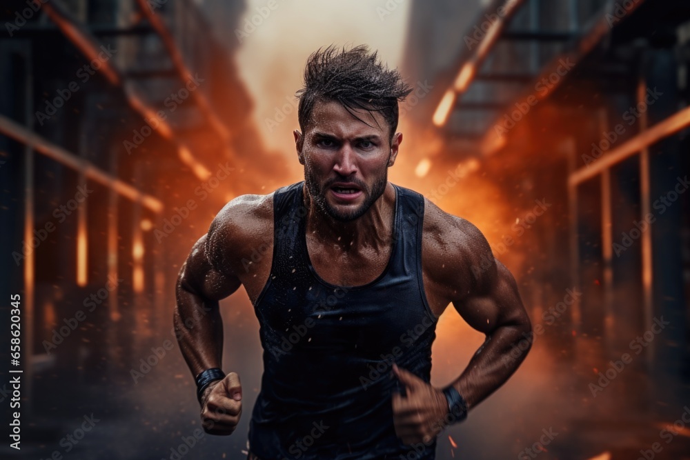 A man wearing a tank top is seen running down a street. This image can be used to depict fitness, exercise, jogging, or an active lifestyle. A man wearing a tank top is seen running down a street. This image can be used to depict fitness, exercise, jogging, or an active lifestyle.