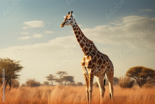 A giraffe standing in the middle of a field. This image can be used to depict wildlife, nature, and animal conservation.