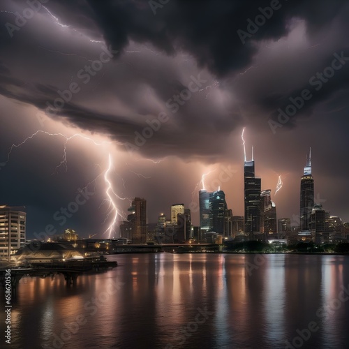 A time-lapse photograph capturing the dynamic patterns of a thunderstorm over a cityscape1