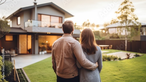 Back view of couple with new house background 