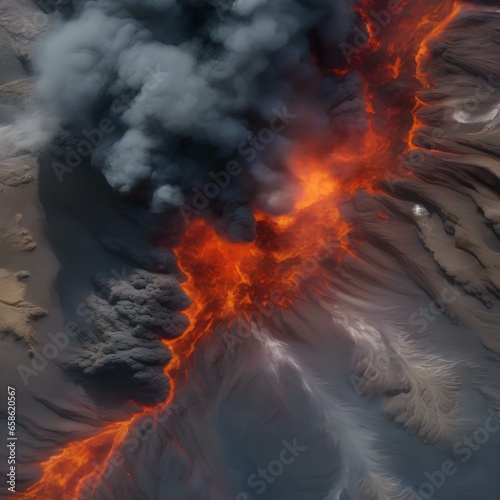 A satellite image of a volcanic eruption with lava flows and ash plumes, displaying Earth's geological forces5