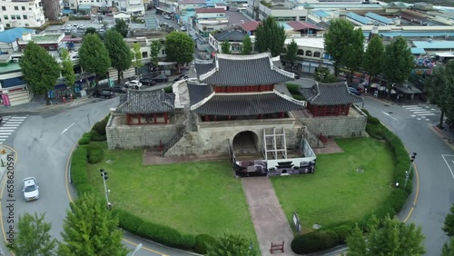 Pungnammun gate at Jeonju Hanok Village from aerial drone view.