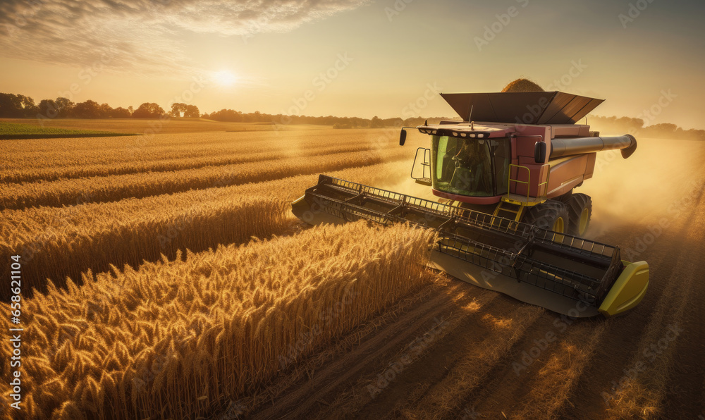 Obraz premium Combine harvester harvesting golden ripe wheat in field. Agriculture concept. Seasonal work of farming machine. Big modern industrial combine harvester reaping wheat grains.