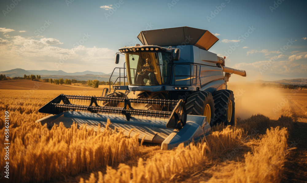 Fototapeta premium Combine harvester harvesting golden ripe wheat in field. Agriculture concept. Seasonal work of farming machine. Big modern industrial combine harvester reaping wheat grains.