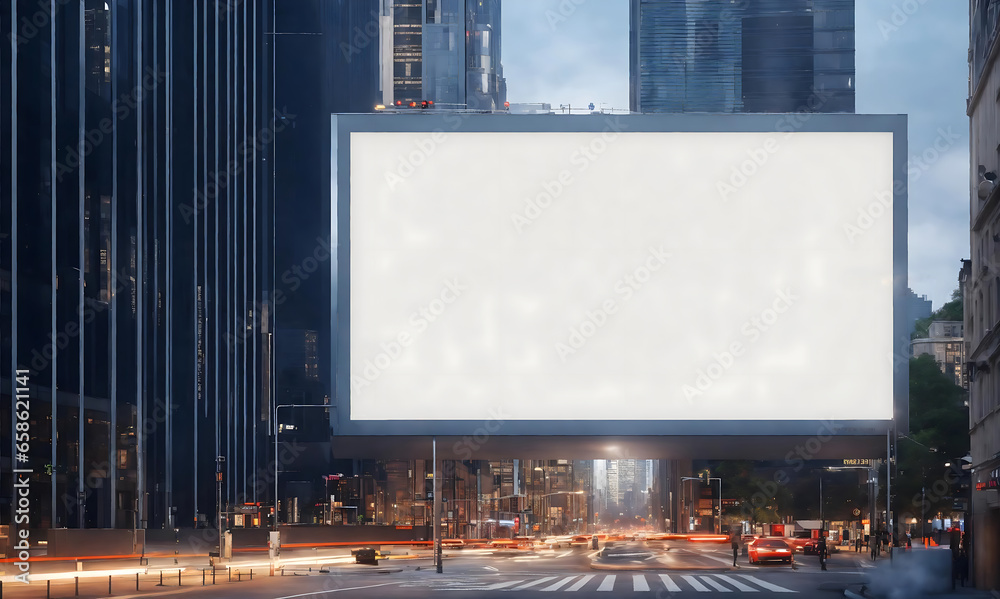 mockup, Blank Billboard on City Street at Night. Outdoor advertising. Plain white billboard on office buildings background, skyscrapers. a lot people, cars, pedestrian at the street. Generative ai. mockup, Blank Billboard on City Street at Night. Outdoor advertising. Plain white billboard on office buildings background, skyscrapers. a lot people, cars, pedestrian at the street. Generative ai.